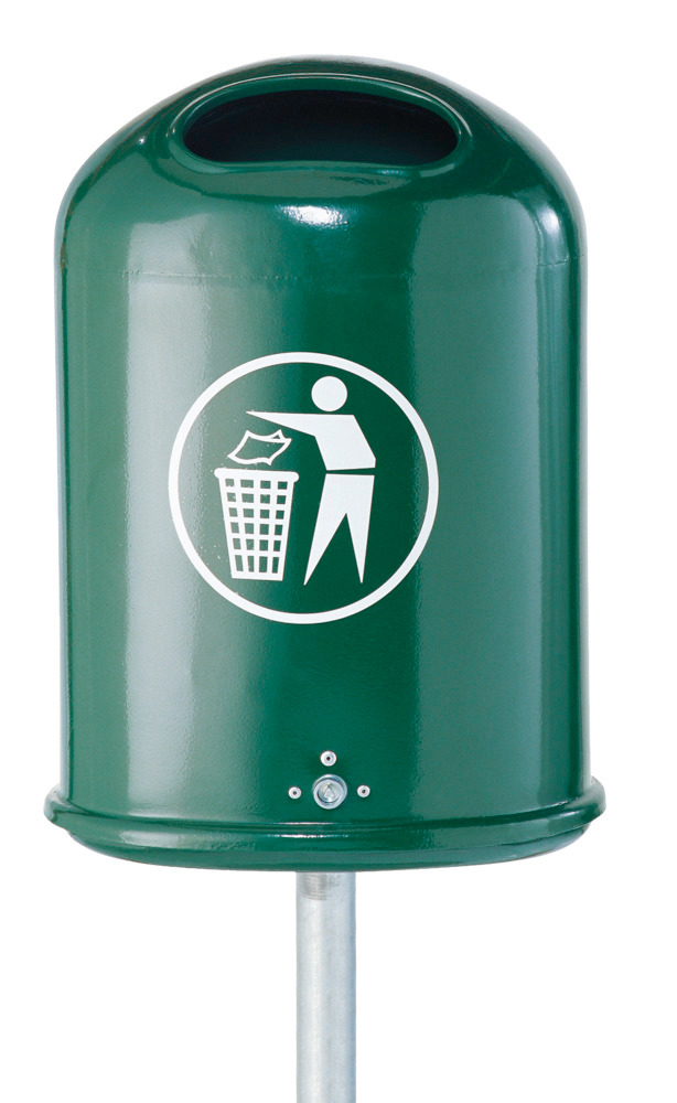 Affaldsbeholder af stål, med stolpe, 45 liters volumen, grøn - 1