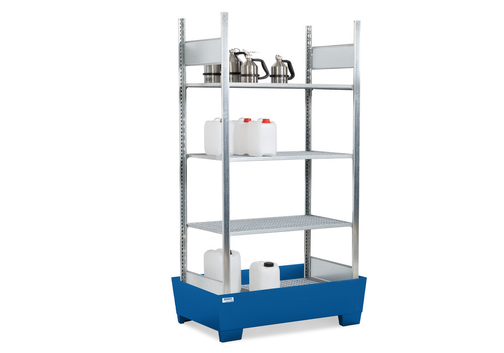 Hazmat small container rack, 4 grids, painted spill tray, 1236 x 816 x 2100 mm - 1