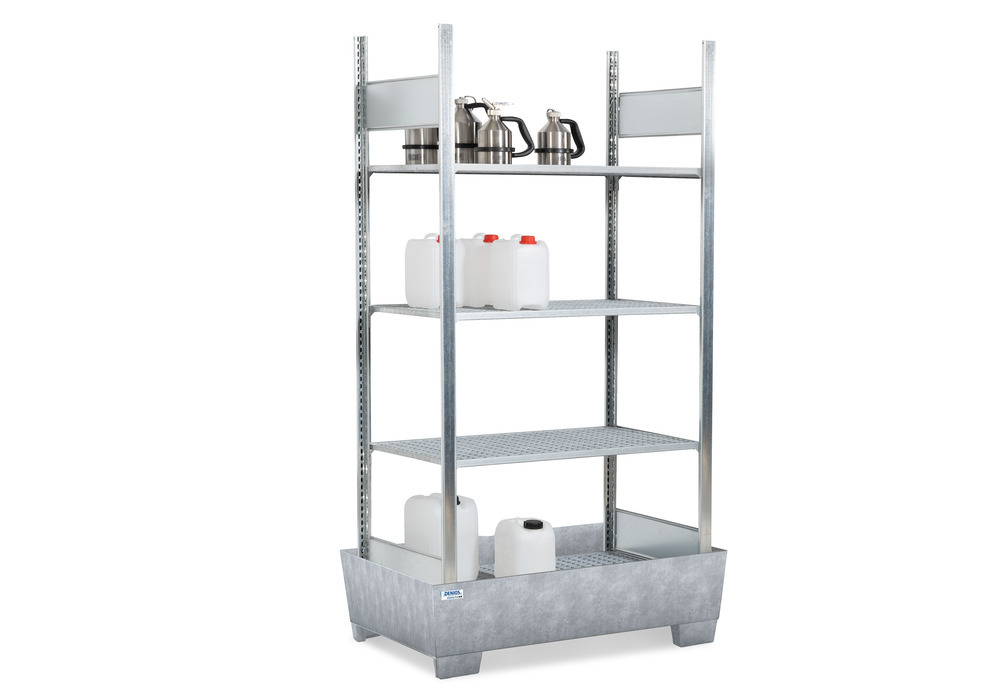 Hazmat small container rack, 4 grids, galvanised spill tray, 1236 x 816 x 2100 mm - 1