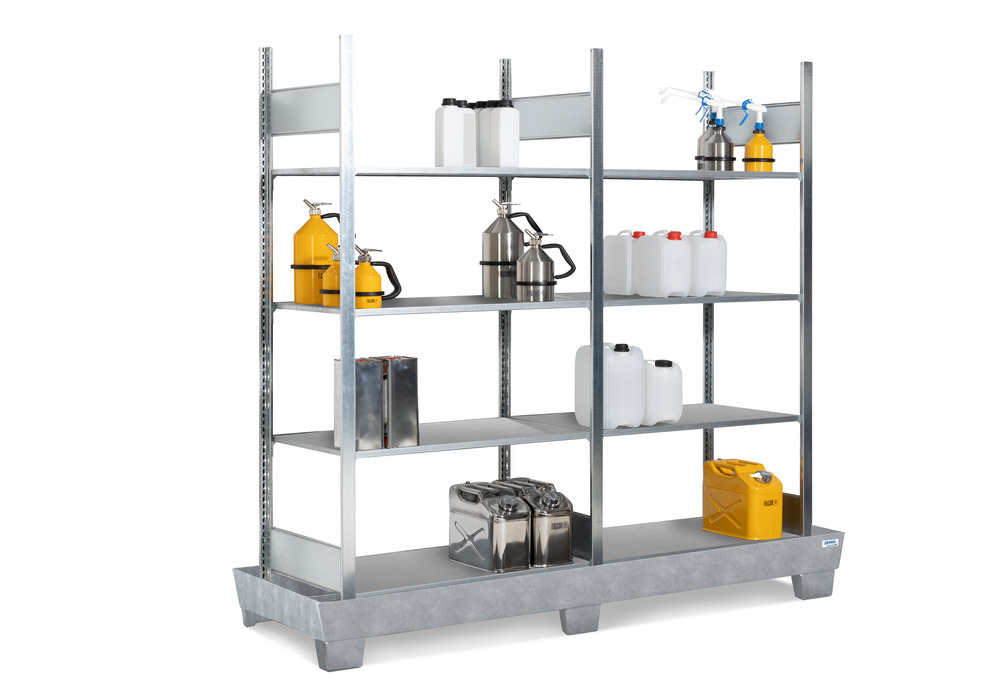 Hazmat small container rack, 8 storage levels, galvanised spill tray, 2470 x 816 x 2100 mm - 1