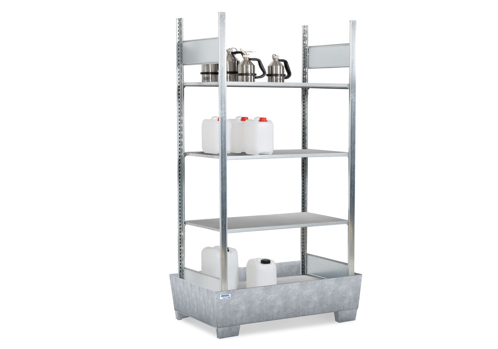 Hazmat small container rack, 4 storage levels, galvanised spill tray, 1236 x 816 x 2100 mm - 1