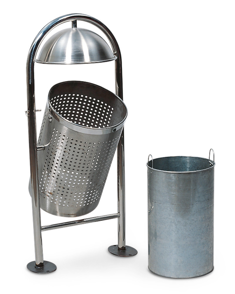 Affaldsbeholder af rustfrit stål, til udendørs brug, med overdækning og vippemekanisme, 45 liter