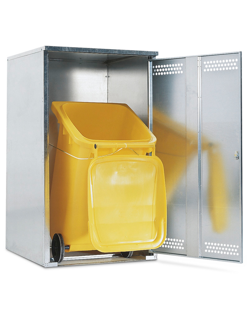 Mechanizm do przechylania pojemników na śmieci (linka przytrzymująca i szyna podłogowa oporowa)