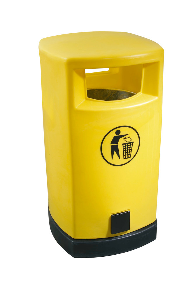 Abfallbehälter aus PE, mit verzinktem Innenbehälter, 120 Liter Vol., gelber Korpus, schwarzer Sockel - 1