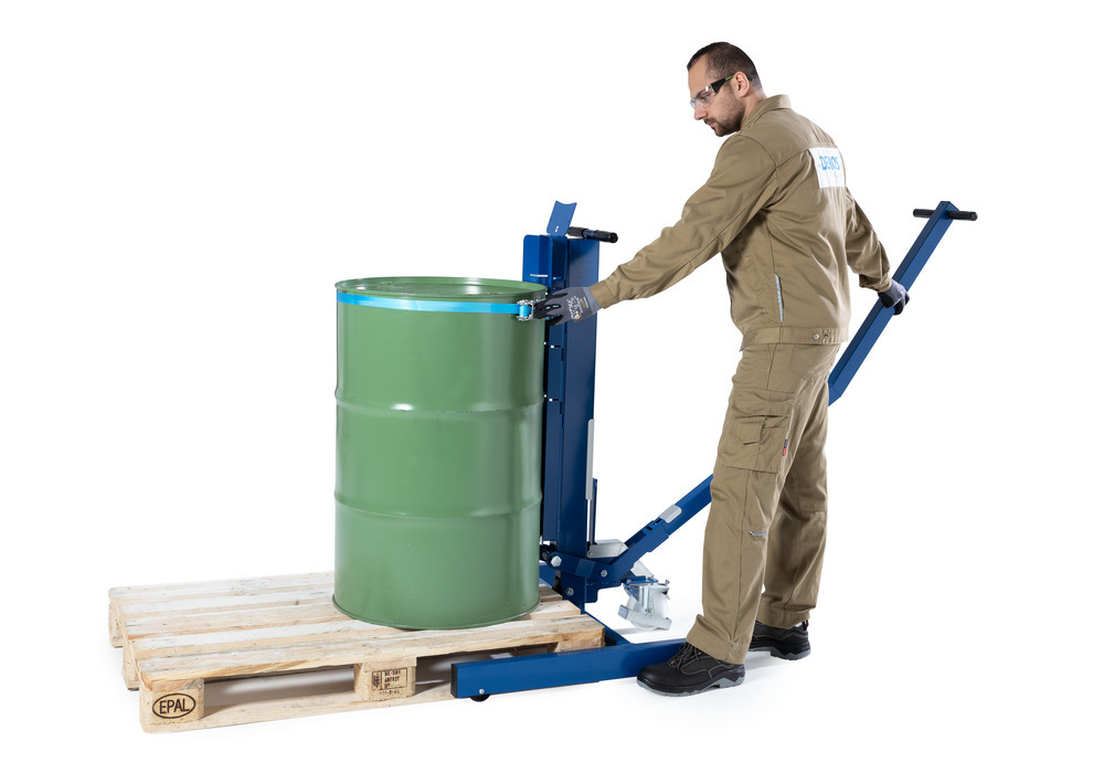 Drum lifter Servo Eco, drum belt, 60 to 220 litre drums, wide chassis, lift height 0-200 mm - 8