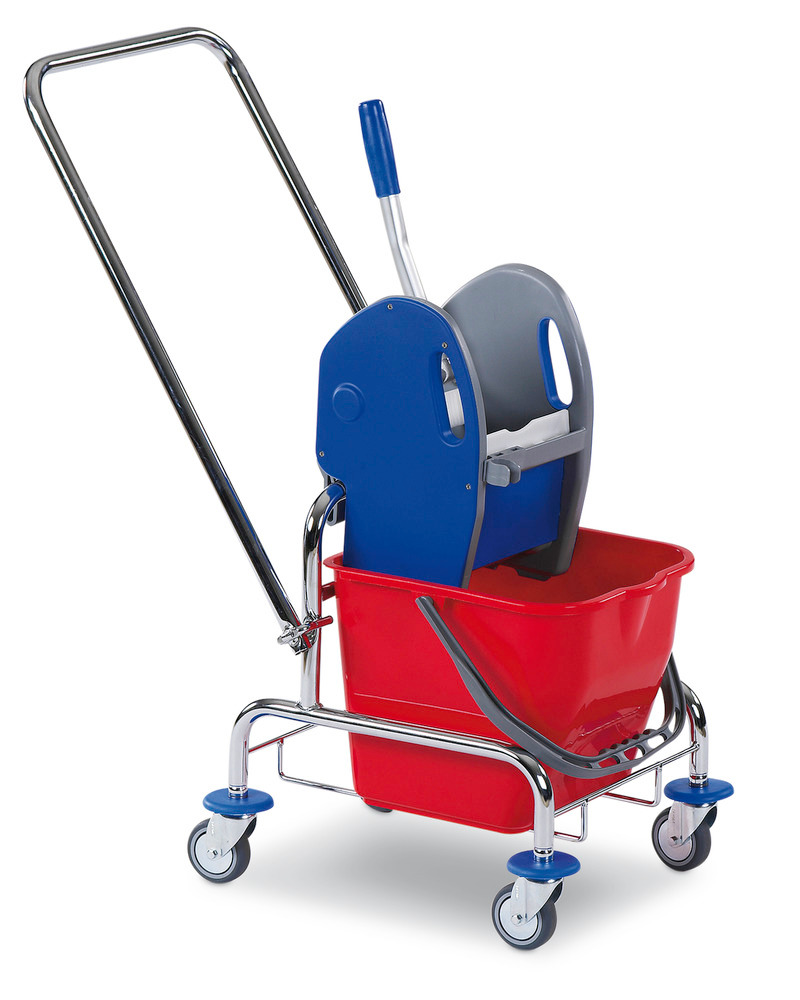 Cleaning trolley with one 17 litre bucket, wringer and hinged towbar - 1