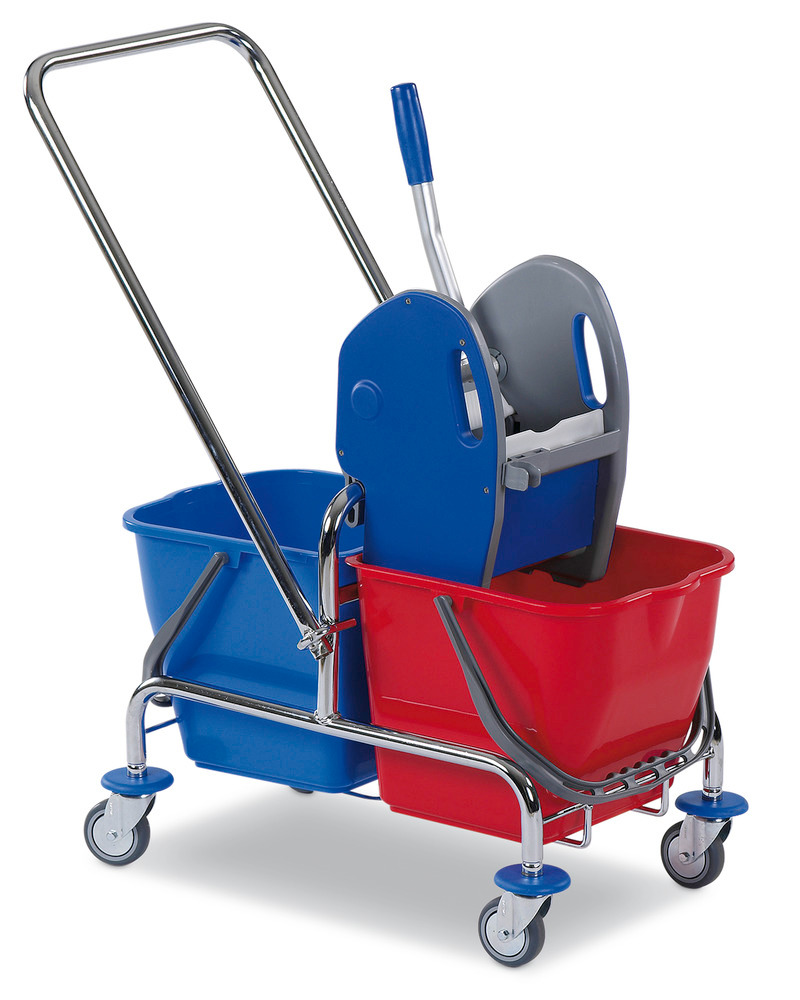 Cleaning trolley with two 17 litre buckets, wringer and hinged towbar - 1