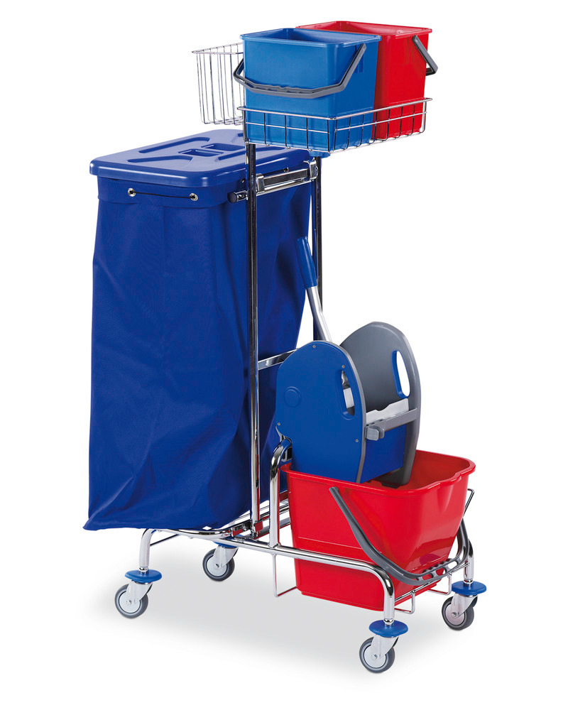 Cleaning trolley with 3 buckets, wringer, waste sack holder, wire mesh basket and storage rack - 1