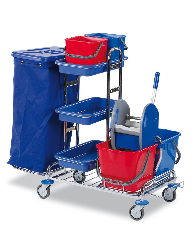 Cleaning trolley with 4 buckets, wringer, 3 plastic trays and waste sack holder - 1