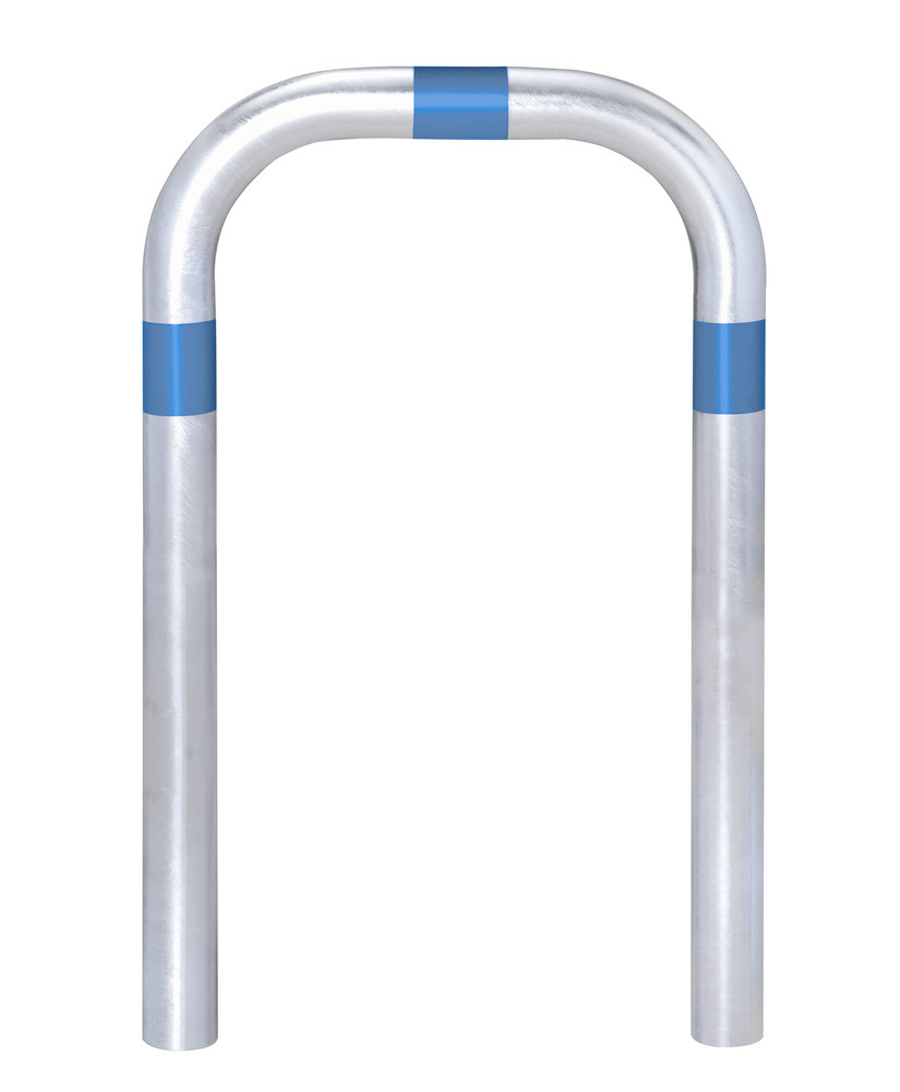 Charge point impact protection bar in hdgv steel, W 500 mm, blue reflective rings, concrete in - 1