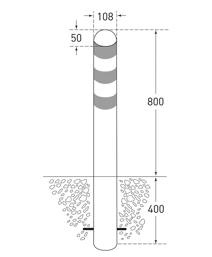 Påkörningsskydd av rostfritt stål för laddstolpe, för ingjutning, vita reflexringar, H 800 - 2