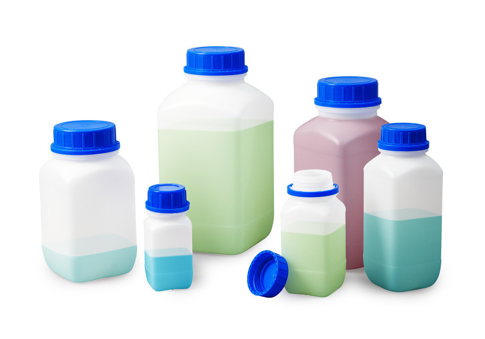 Bottiglie a collo largo in HDPE, squadrate, trasparente naturale, 250 ml, con omolog. UN, 30 pezzi - 6