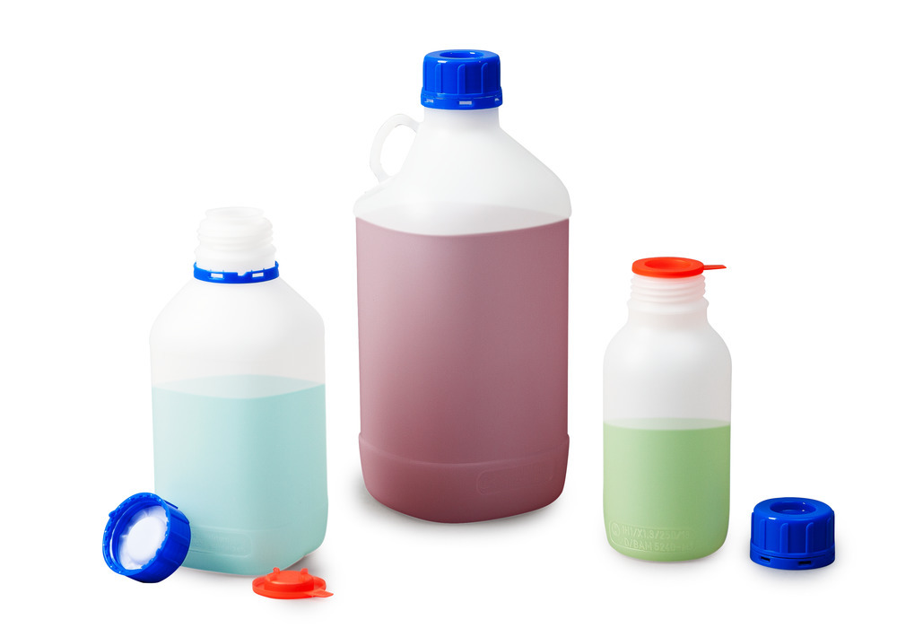 Bottiglie a collo stretto in HDPE, rotonde, trasparente naturale, 500 ml, con omolog. UN, 12 pezzi - 5