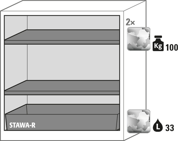 Kemikalieskåp asecos Systema CS-102, antracitgrå stomme, grått, 2 hyllplan och bottenkar - 3