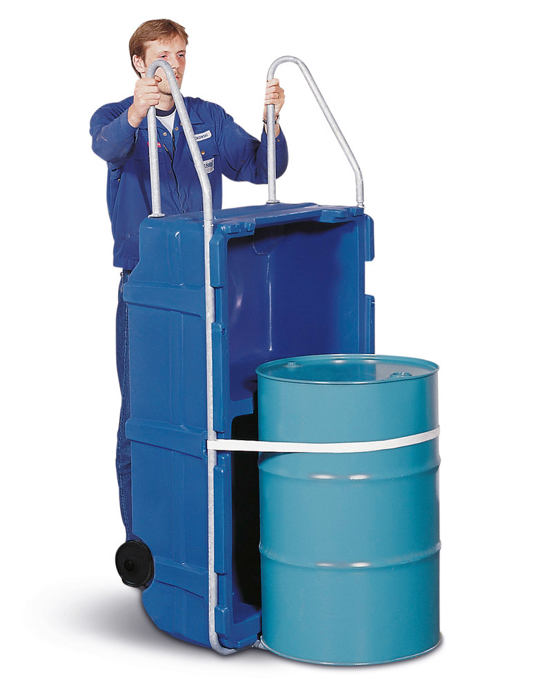 Bunded drum trolley, polyethylene, handle & safety straps, for 205 litre drums, 225 litre capacity - 2