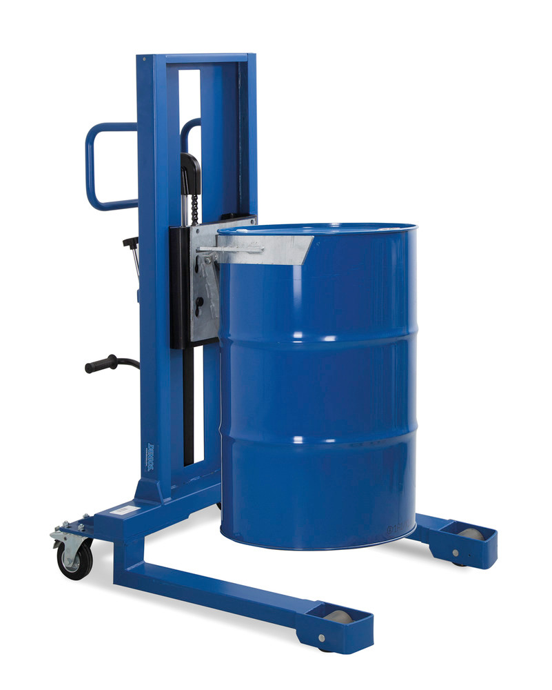 Drum lifter Servo, drum clamp, 205 litre steel drums, wide chassis, lift height 0-520 mm - 2