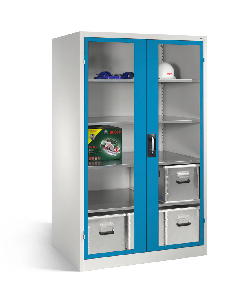 Tooling equipment cabinet Cabo, wing drs, 4 shelv, view. window, W 1200, D 800, H 1950 mm, grey/blue - 1