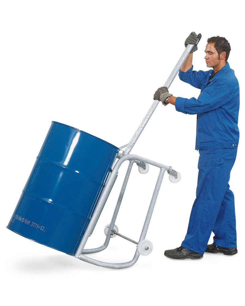 Drum tip cart with handle, made from steel, for 1 x 205 ltr drum, with drum roller supports and sump - 3