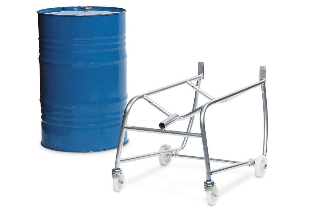 Drum tip cart with handle, made from steel, for 1 x 205 ltr drum, with drum roller supports and sump - 2