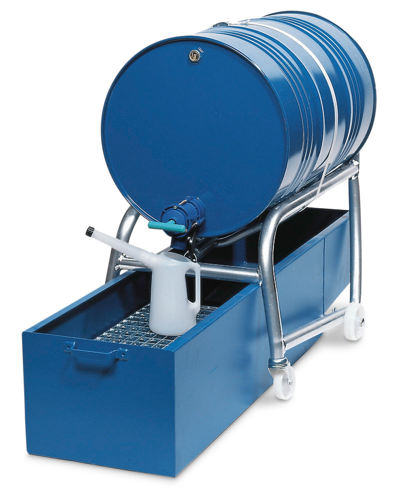 Drum tip cart with handle, made from steel, for 1 x 205 ltr drum, with drum roller supports and sump - 1