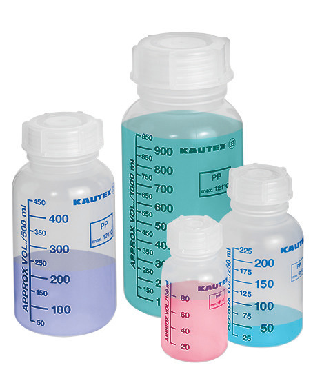 Wide necked bottles in PP, with printed volume scale, with screw cap, 100 ml, 30 pieces - 1