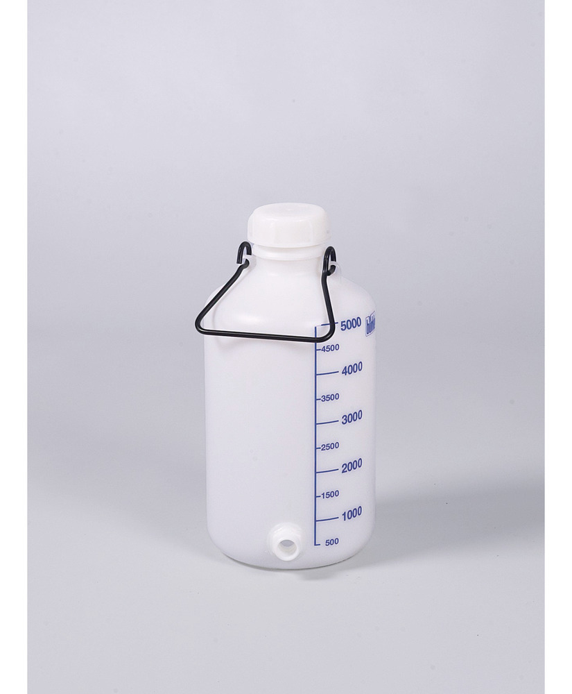 Wide necked bottles in HDPE, with a carry handle and screw cap, 5 litres, with threaded fittings - 1
