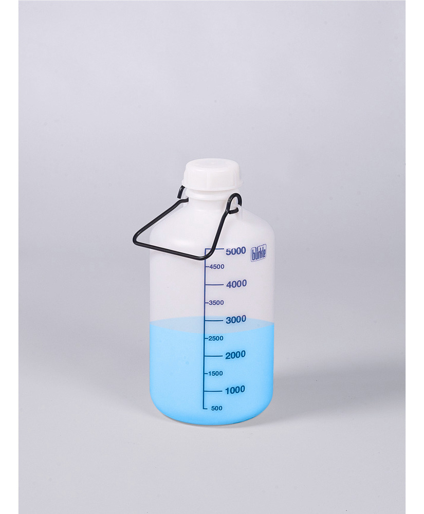 Bottiglie a collo largo in HDPE, con maniglia e tappo a vite, 5 litri, senza bocchettone filettato