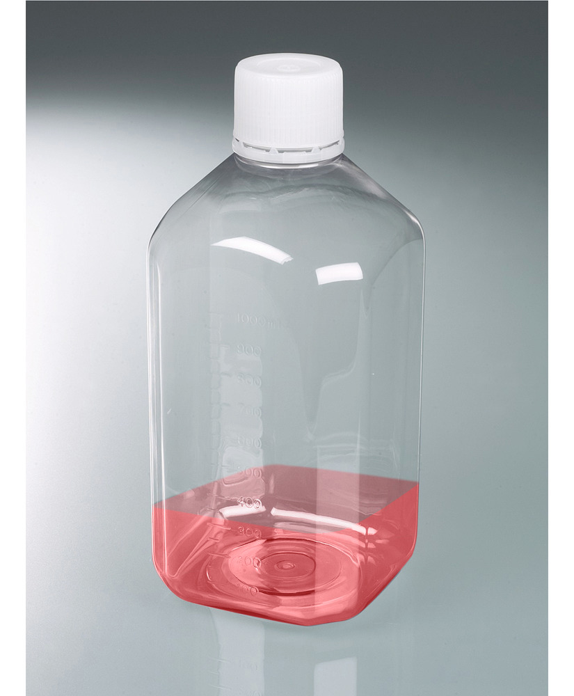 Butelki laboratoryjne z PET, sterylne, przezroczyste, z nakrętką i podziałką 1000 ml, 24 szt.