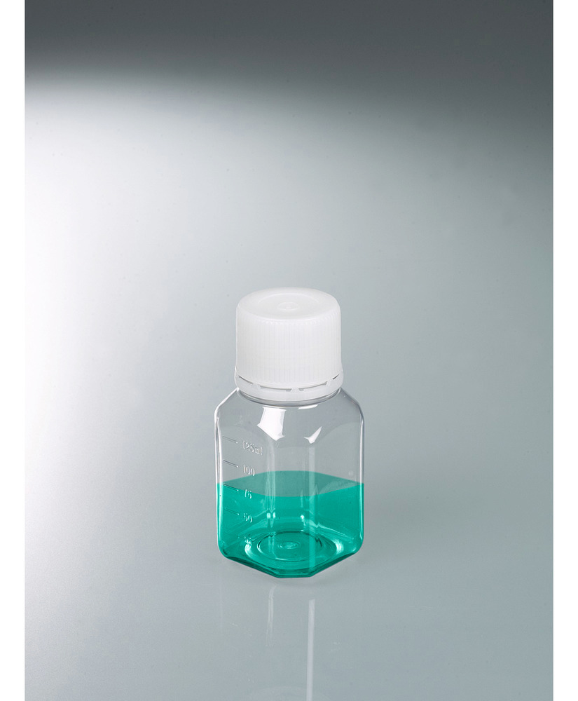Laboratóriumi palackok PET-ből, steril, álátszó, csavaros kupakkal, beosztással, 125 ml, 24 db - 1