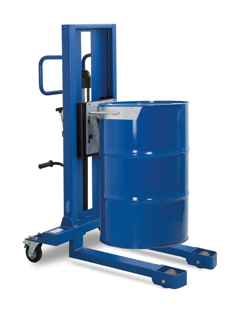 Drum lifter Servo, drum clamp, 205 litre steel drums, narrow chassis, lift height 120-520 mm - 1
