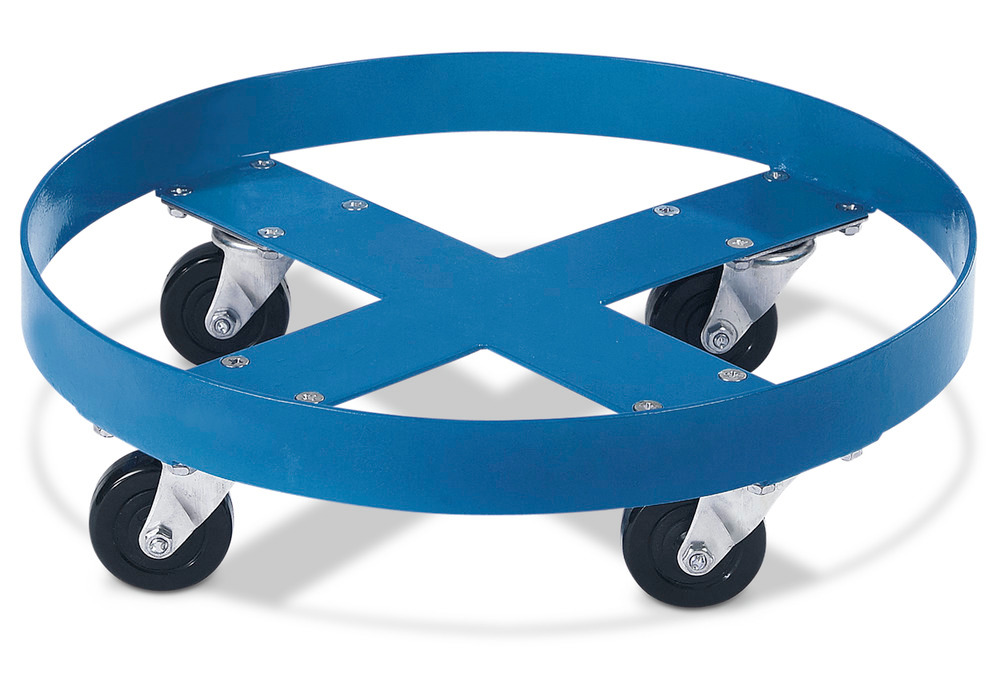 Manobrador de bidões em aço, RAL 5010 (azul) , bidões 200L, com 4 rodas orientáveis - 1