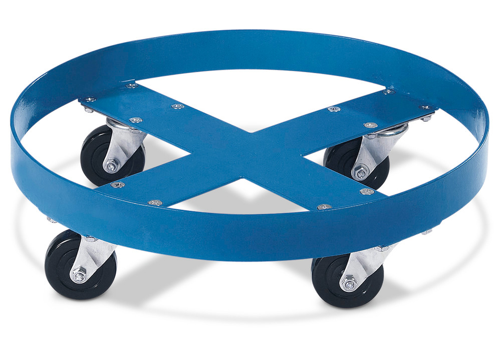 Base circolare in acciaio, con 4 ruote orientabili, vern. RAL 5010 (blu), per fusti da 200 l - 1
