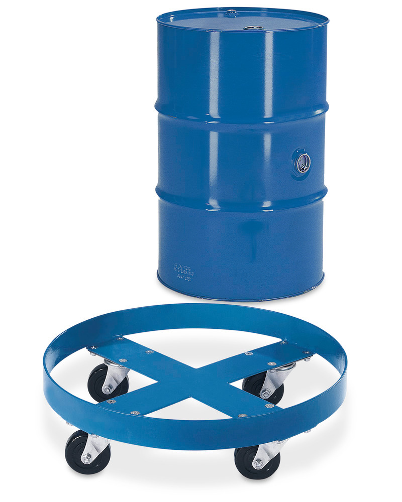 Vatenroller van staal, gelakt in RAL 5010 (blauw), voor vaten van 200 liter, met 4 zwenkwielen - 2