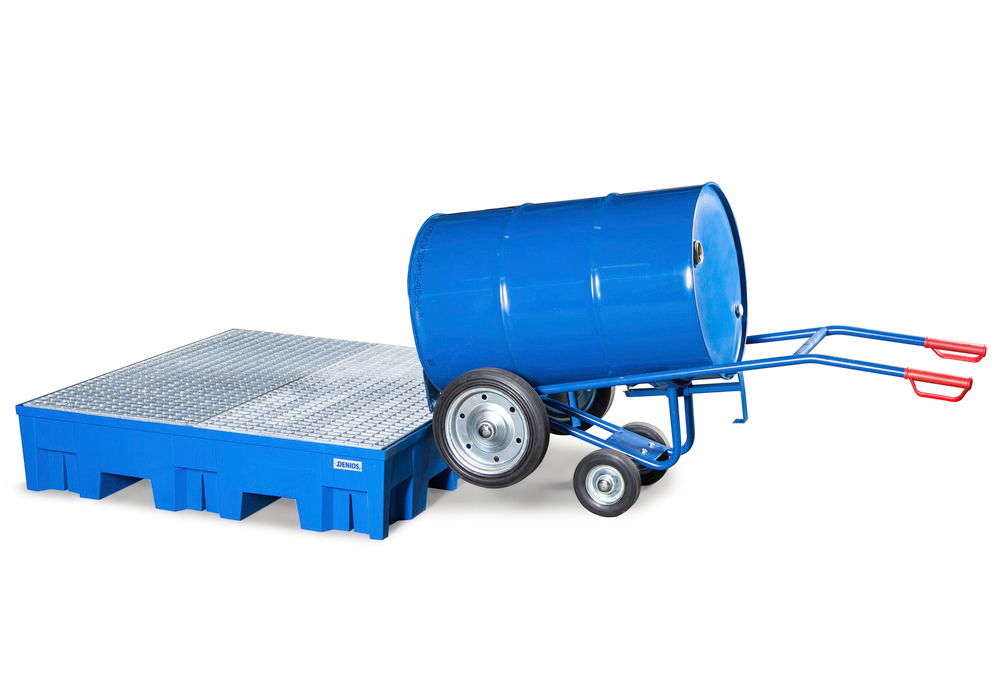 Drum cart FKR-S2 steel, blue, solid rubber tyres, 2 support wheels, for 205/220-l drums, anti-static - 1