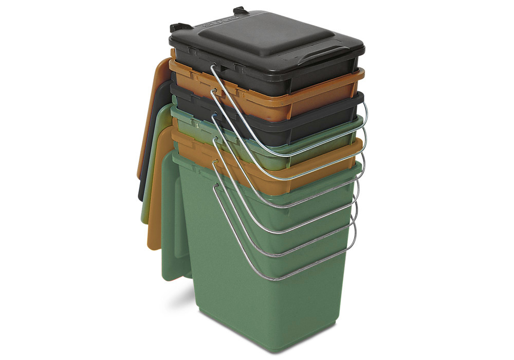 Vorsortiereimer aus Polyethylen (PE), mit Tragebügel aus Metall, 10 Liter Volumen, schwarz, grün, braun