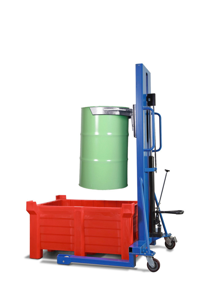 Drum lifter Servo, drum clamp, 205 litre steel drums, wide chassis, lift height 0-1170 mm - 1