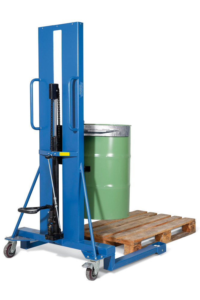 Drum lifter Servo, drum clamp, 205 litre steel drums, wide chassis, lift height 0-1170 mm - 2
