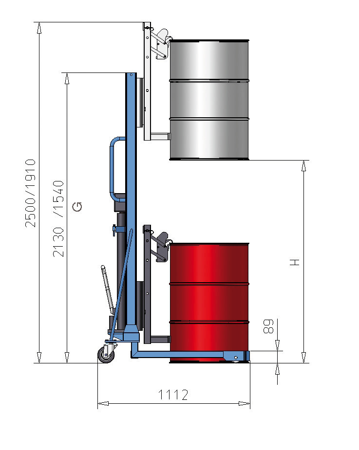 Sudová zdvižka Servo, na 60 a 200-litrové oceľové sudy, úzky podvozok, výška zdvihu  120-740 mm - 7