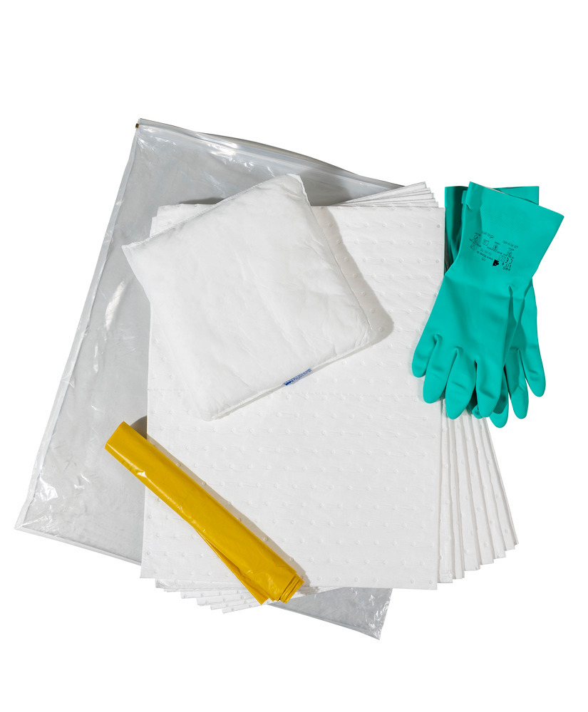 Set di emergenza con prodotti assorbenti in sacchetto, tappetini e cuscini assorbenti, versione Olio - 4