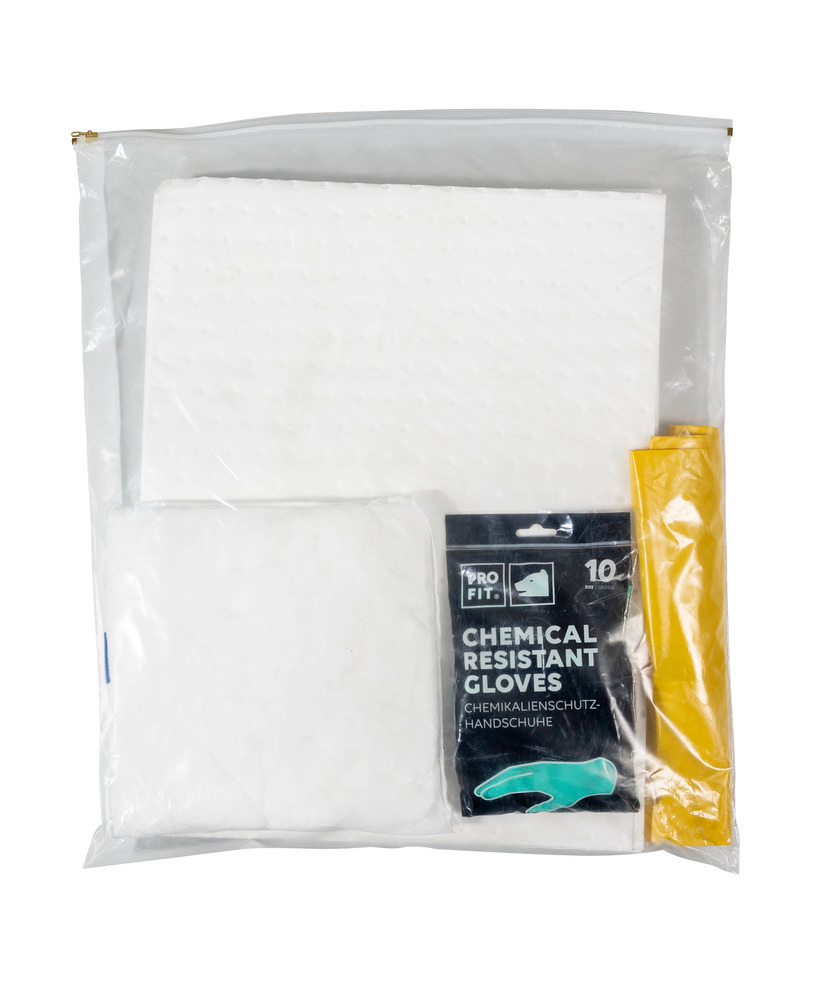 Set di emergenza con prodotti assorbenti in sacchetto, tappetini e cuscini assorbenti, versione Olio - 1