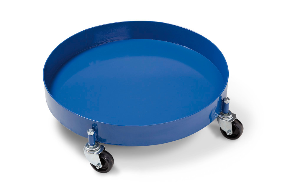 Drum dolly, with oil-tight welded and closed sump pan, for 205 litre drums, 4 swivel castors, blue - 1