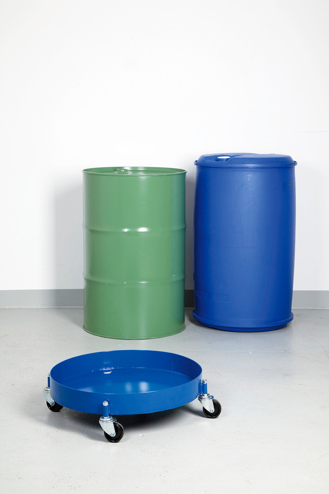 Drum dolly, with oil-tight welded and closed sump pan, for 205 litre drums, 4 swivel castors, blue - 3