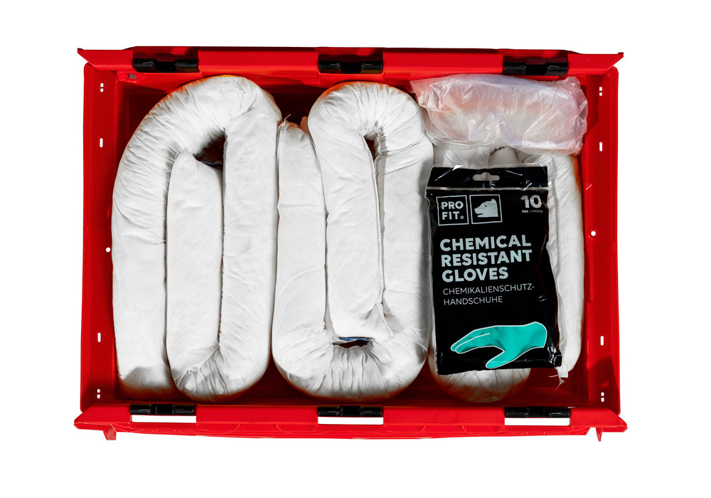 Set di prodotti assorbenti d'emergenza DENSORB in scatola pieghevole rossa, versione Olio - 3