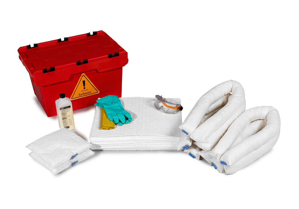 Kit d'absorbants d'urgence anti-pollution DENSORB dans caisse pliante rouge, modèle huile - 1