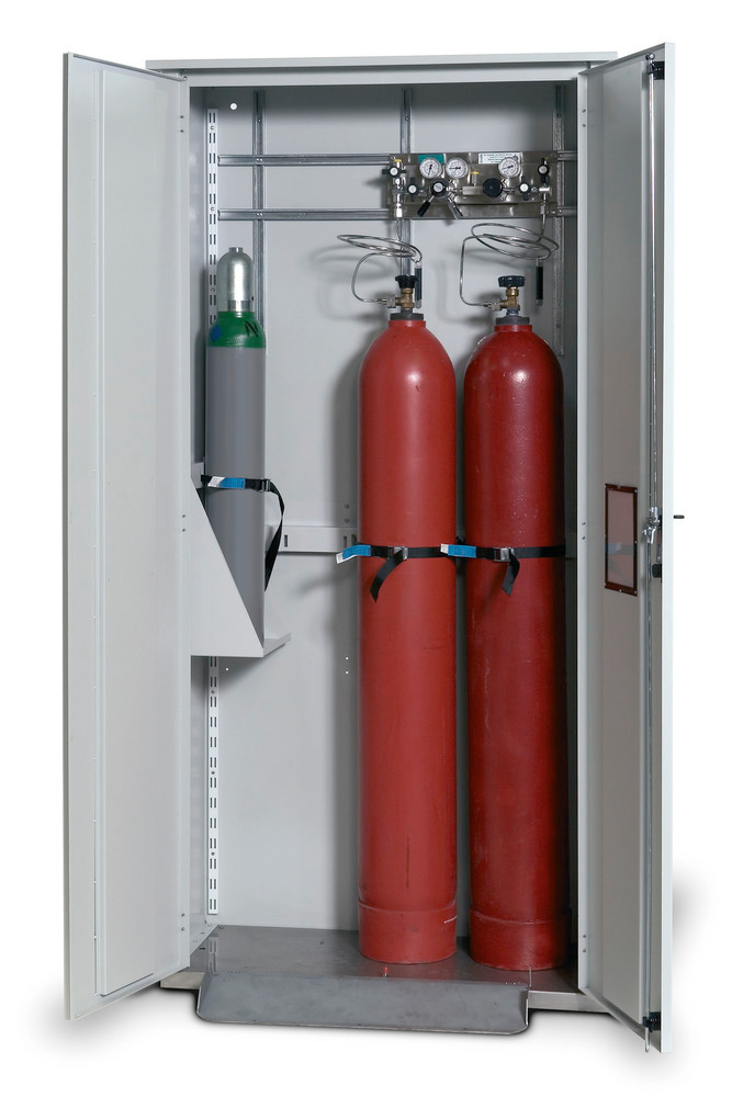 Rampa abatible para armario para botellas de gas asecos, botellas de gas de 2 x 50 l, 700 mm, gris - 1