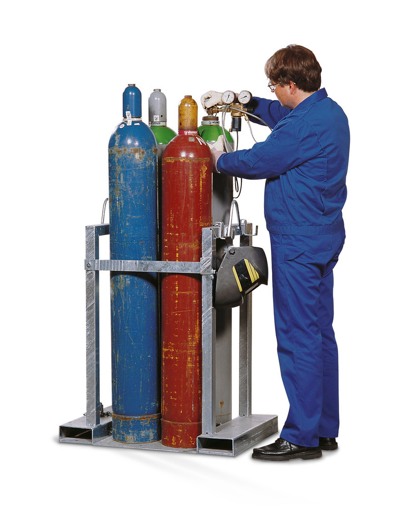 Pallet in acciaio per bombole di gas, per 4 bombole di gas con Ø max. 230 mm, con asta di protezione - 1
