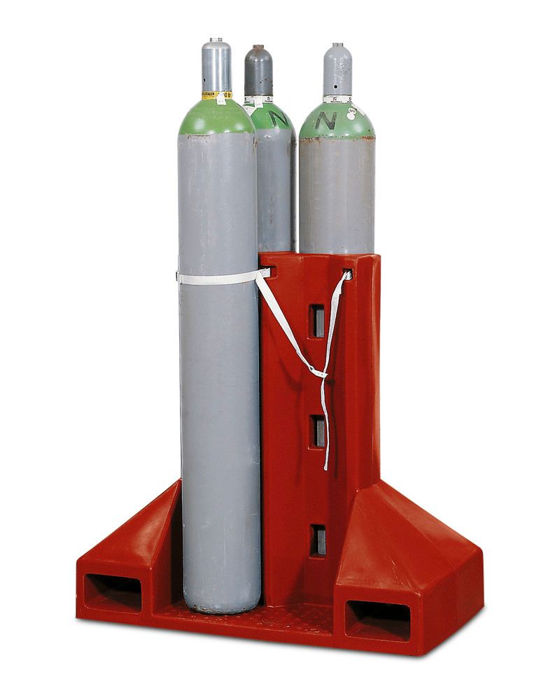 Gázpalack tároló raklap GFP-4 polietilénből (PE), akár 4 db gázpalackhoz, hevederrel