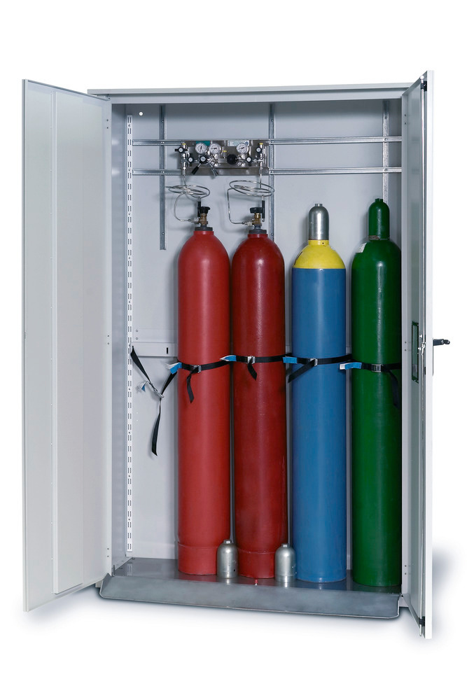 Armario para botellas de gas asecos, 5 x 50 botellas, 1350 mm ancho, doble puerta batiente, gris - 1