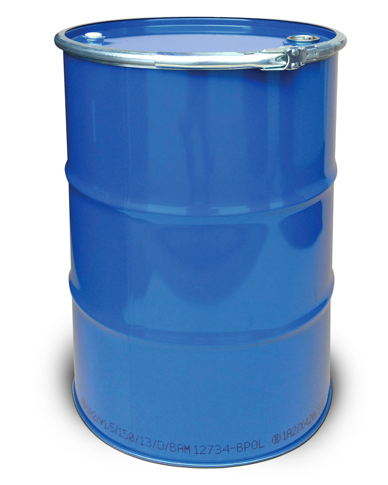 Steel lid drum, 212 litre capacity, interior unpainted, exterior painted, with 2 bungs, UN approved - 1