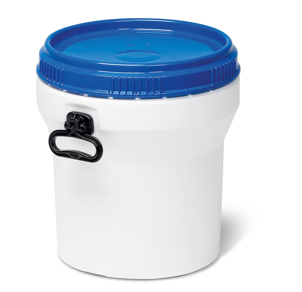 Rummelig beholder, af kunststof, 30 liter, hvid / blå, med UN-godkendelse og låg, kan stables - 1